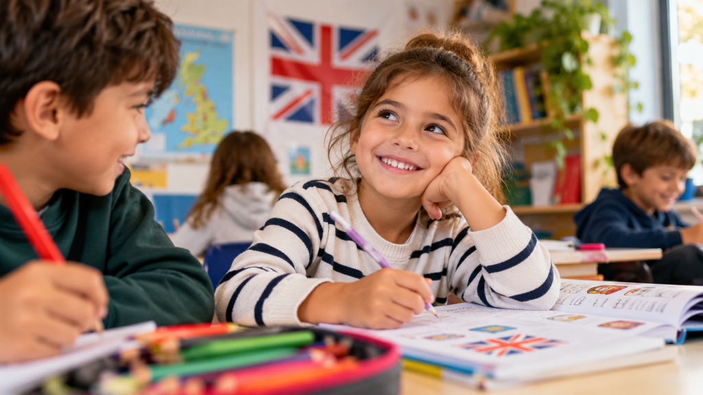 Crianças a aprender inglês numa sala de aula