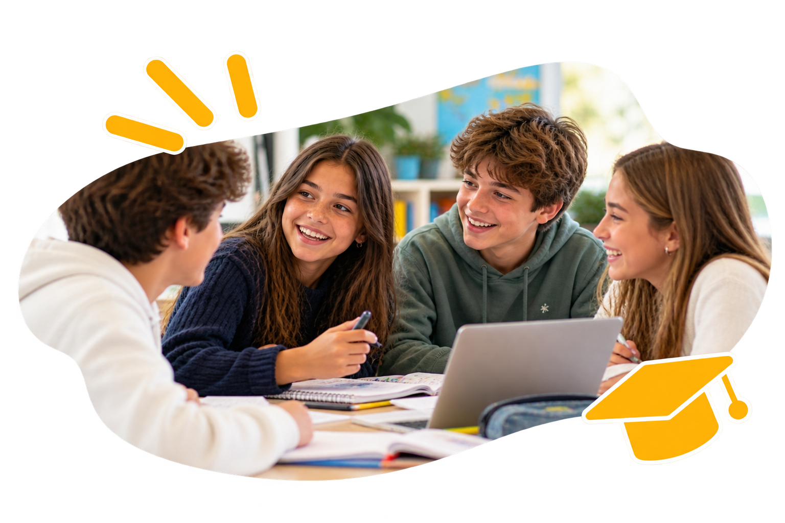 Adolescentes a estudar inglês em grupo com um computador portátil