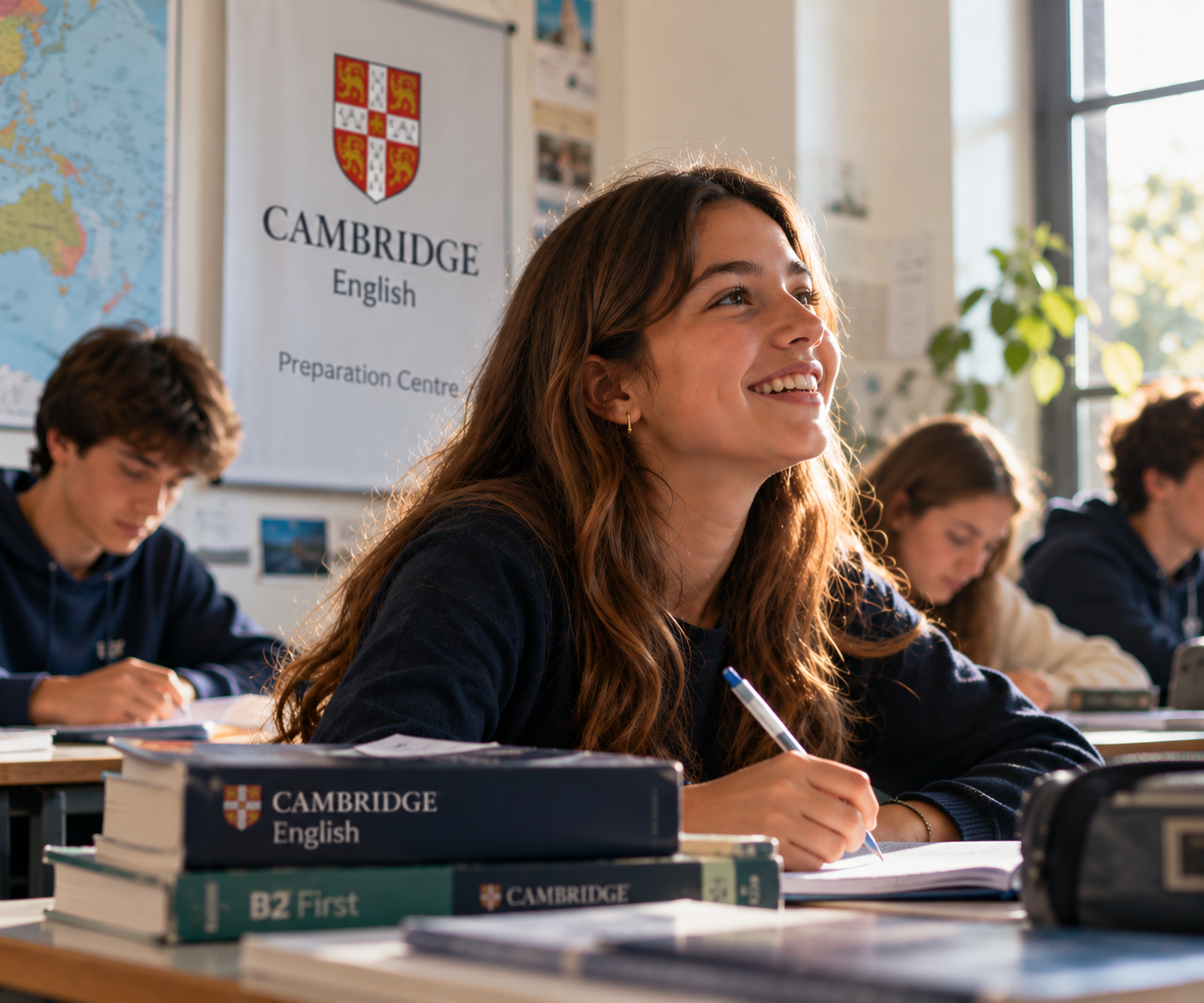 Estudante a preparar-se para os exames Cambridge English numa sala de aula