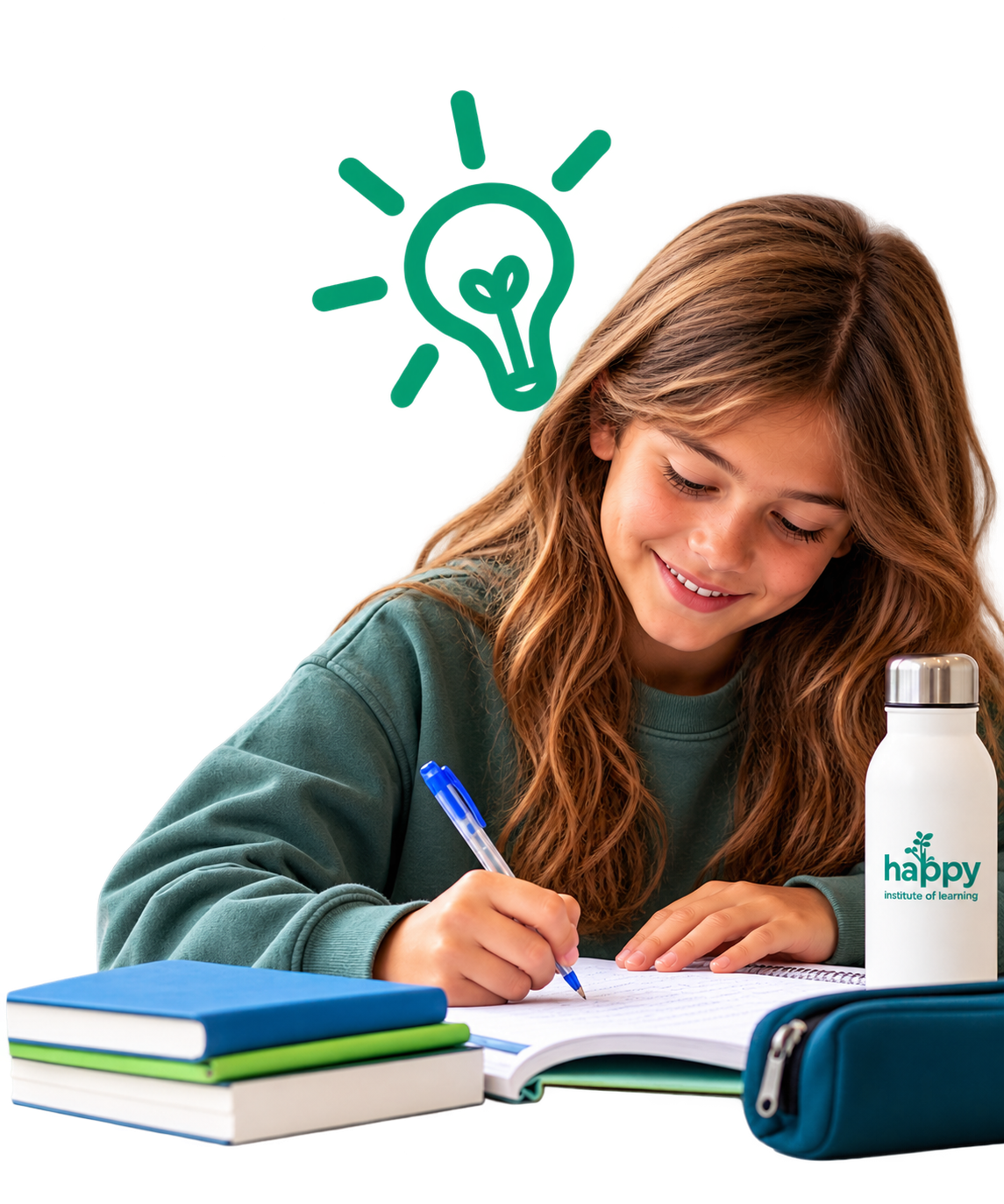 Aluna a estudar e a escrever num caderno durante uma sessão de apoio escolar