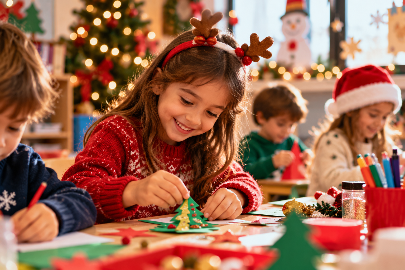 Crianças a participar numa oficina de Natal da Happy Institute of Learning